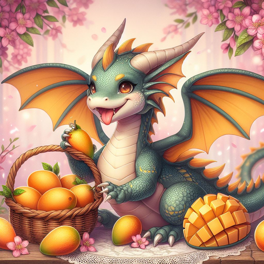 Dragon holding a basket of mangoes